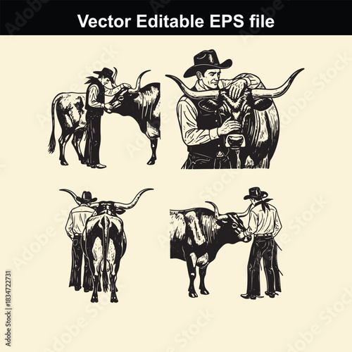 collection of four vector illustrations depicting cowboys interacting with longhorn cattle in various poses, suitable for western theme designs