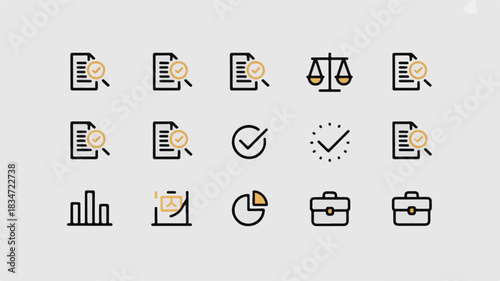 Business and Finance Icons with Magnifying Glass Document and Scales of Justice Keywords: business, finance, icon, document, magnifying glass, search, analysis, law, justice