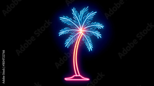 Neon palm tree glowing against dark background at night