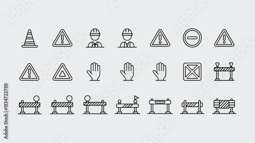 Construction and warning icons featuring traffic cones barriers workers and caution signs Keywords: construction, warning, traffic cone, barrier, worker, safety, caution
