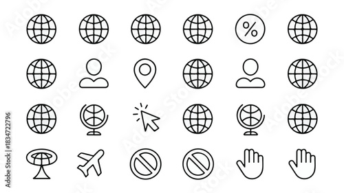 Collection of global and internet related icons with globes people and airplane Keywords: globe, world, earth, internet, network, connection, communication, travel, airplane