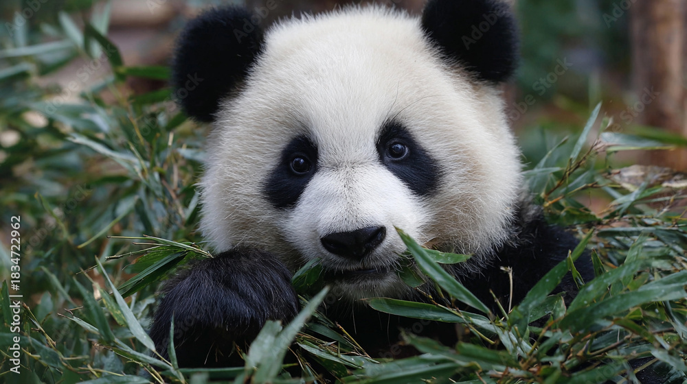 Fototapeta premium Panda eats bamboo in a forest setting during daytime hours