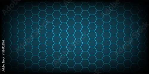 Abstract hexagon blue background banner futuristic business data technology modern concept, polygon shape lines connecting link structure dark blue contrast copyspace.
