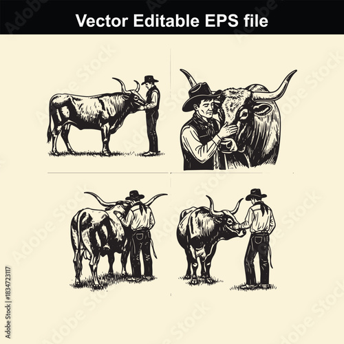a collection of vintage style vector illustrations depicting a cowboy or rancher interacting closely with a longhorn cattle, showing different poses and closeups