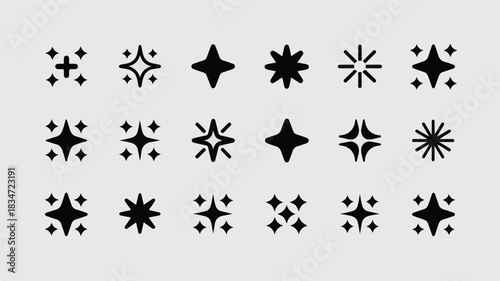 Sparkle and Shine Starburst Icons in Black on a Gray Background Keywords: sparkle, shine, starburst, icon, set, black, star, glitter, twinkle, burst, explosion, light, effect
