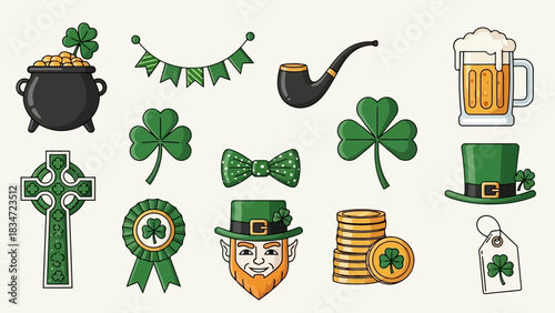 Saint Patrick's Day Icon Set Shamrock, Leprechaun, and Festive Symbols for Celebrations