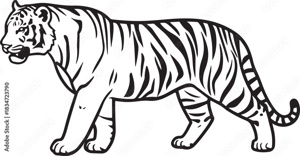 Obraz premium Tiger silhouette, high contrast, smooth outline, simple vector form, white background