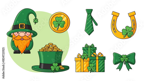 Saint Patrick's Day Illustrations Gnome, Gold Coins, Gifts, and Lucky Symbols