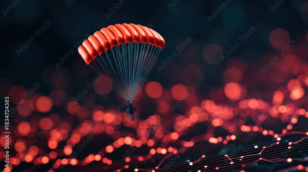 Obraz premium A parachutist descends through a vibrant backdrop of red and blue lights, creating a dynamic and visually striking scene.