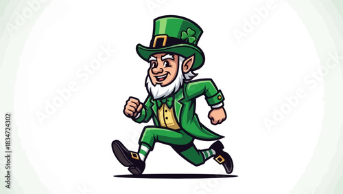 Lively illustrated character in a traditional green suit and hat, featuring a friendly running figure, embodying the spirit of Irish festivities and good fortune themes
