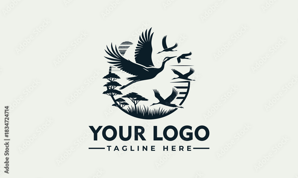 Obraz premium Elegant flying crane flock over a natural landscape vector. logo. illustration