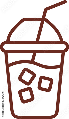 Iced drink cold beverage plastic cup straw ice cube refreshing outline brown simple summer isolated vector icon minimal transparent takeout fast food drink cool liquid sweet cafe chilled modern