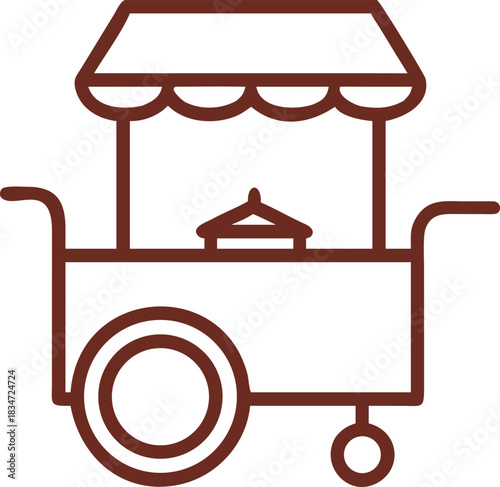 Food cart icon with canopy single wheel and serving tray outlined in brown representing street food snack vendor or mobile market concept simple and minimal style
