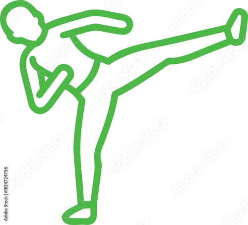 Martial art silhouette high kick green outline person practicing fitness active pose isolated on white energetic exercise training healthy lifestyle