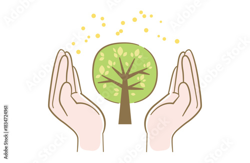 両手で緑の木を包み込んで保護しているイメージの線画イラスト