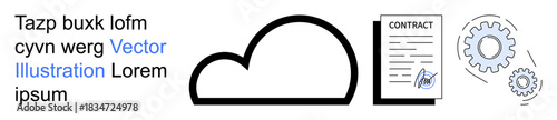 Cloud computing, digital contracts, workflow optimization, data storage, security, automation processes. Minimal cloud, document gears design. Cloud computing and digital contracts concept