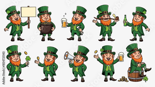Collection of Cartoon Leprechaun Characters in Various Poses for St