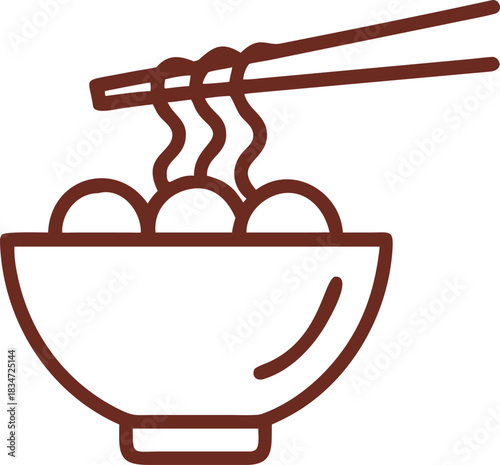 Bowl of hot noodles with steam rising, chopsticks holding noodles above bowl, simple line art style, Asian cuisine, minimalistic, warm and inviting