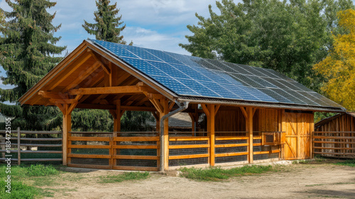 Wooden farm with solar panels on the roof, sustainable rural energy architecture
