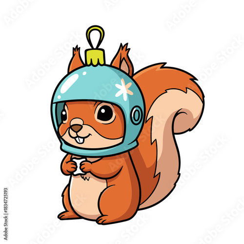Funny cartoon squirrel wearing a Christmas ornament as a helmet, showcasing festive humor in bright colors
