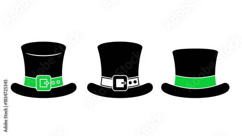 Three Saint Patrick's Day Top Hats Black with Green Accents and Buckles on a White Background