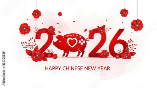 Happy chinese new year 2026 greeting card featuring a festive red pig and floral decorations