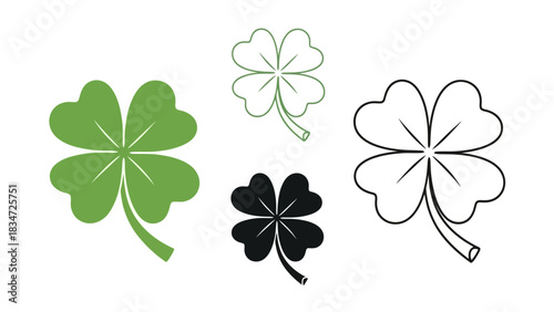 Four-leaf clover set Green, Outline, and Black illustrations for luck and St