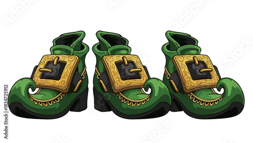 Three pairs of festive green shoes with golden buckles, perfect for St. Patrick's Day celebrations, embodying Irish charm and good fortune