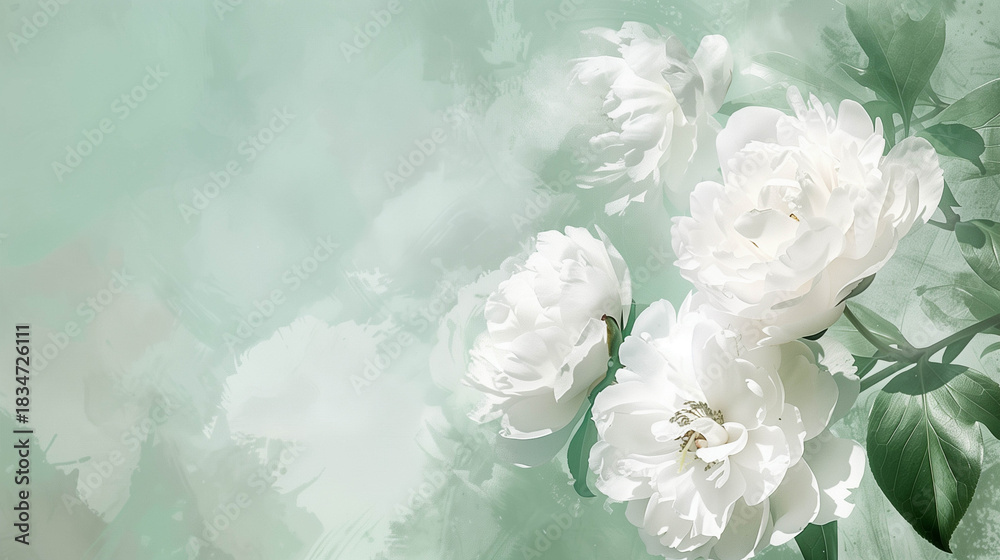 Fototapeta premium Elegant watercolor illustration of blooming white peonies on a soft green background