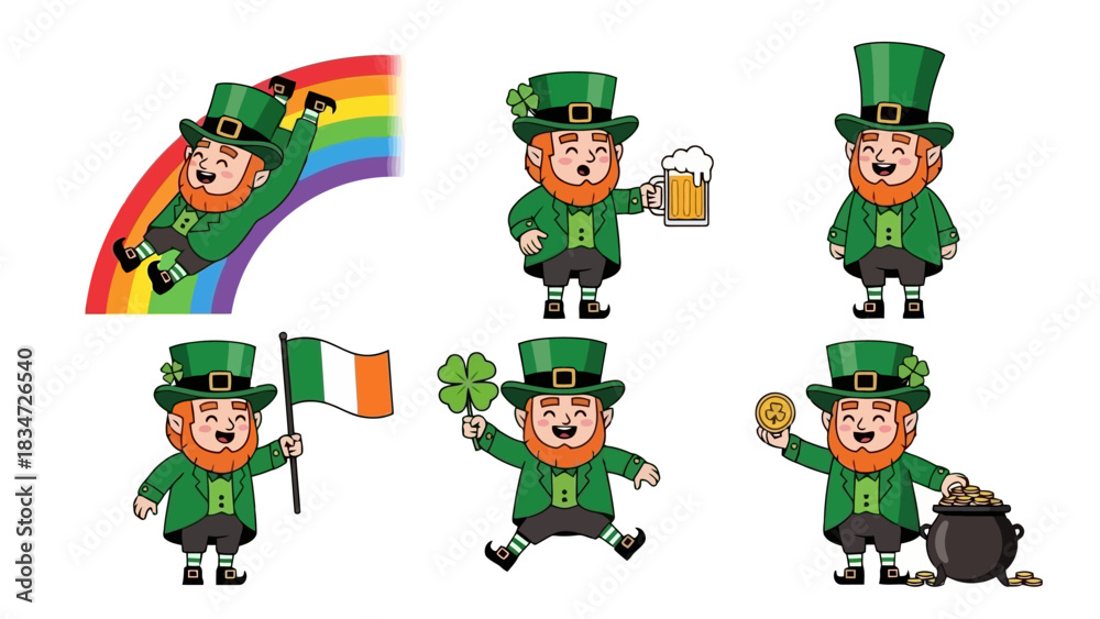 Fototapeta premium Happy St. Patrick's Day! Collection of cheerful leprechauns with various attributes in a cartoon style