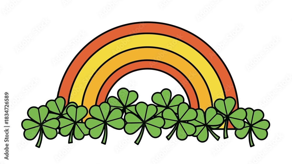 Naklejka premium Vibrant Rainbow Arching Over Lush Green Clover Patch, Symbolizing Luck and Good Fortune