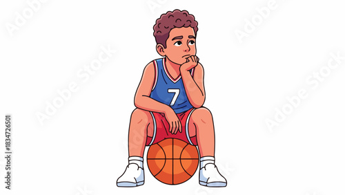 A young basketball player sits thoughtfully, resting chin on hand, contemplating.
