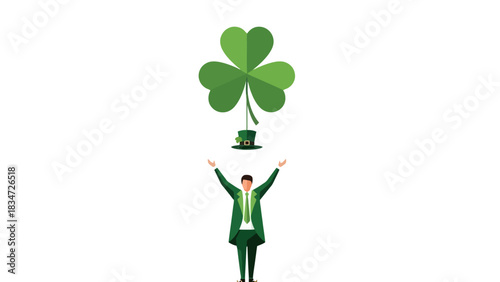 Lucky green shamrock hat floating above a celebratory man in a suit on Saint Patrick's Day
