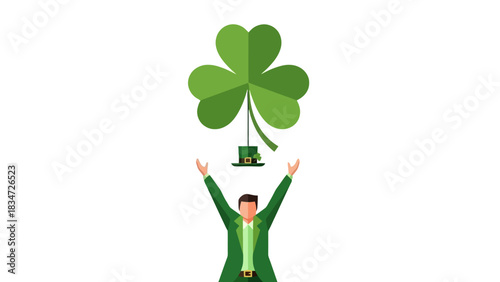 A joyful leprechaun in a green suit celebrates St. Patrick's Day by tossing his hat towards a giant shamrock symbol of luck