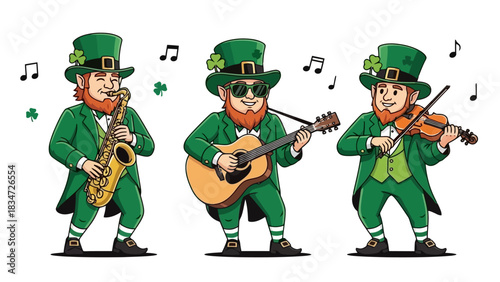 Saint Patrick's Day Music Trio Leprechauns Playing Instruments, Festive Celebration Concept