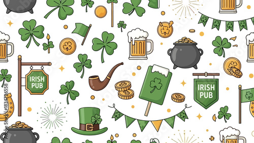 Festive seamless pattern of Irish celebration symbols including lucky shamrocks, traditional hats, frothy beer, and golden coins, perfect for holiday backgrounds