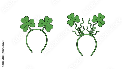 A set of illustrated St. Patrick's Day headbands with lucky four-leaf clovers, including a simple and a springy bopper design for a festive party