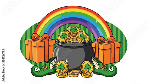 Pot of Gold and Rainbow with Gifts and Elf Shoes on St