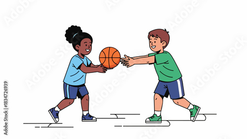 Two children, a girl and a boy, passing a basketball to each other while playing.