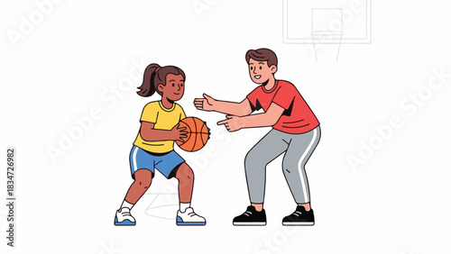 A young girl practices basketball with a coach who is pointing and giving instructions on a white background.