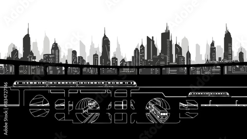 Futuristic cityscape with monorail and subway systems