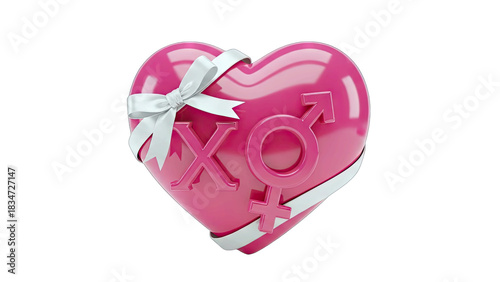 Glossy Pink Heart Shaped Gift Box with White Ribbon and XO Symbols Featuring Male and Female Gender Icons Representing Love and Relationships