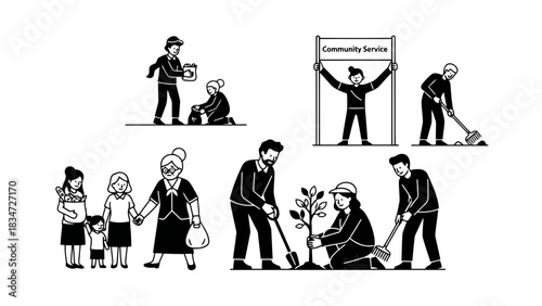 Diverse community service activities illustrated in simple black and white line art