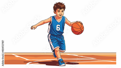 Young boy in a blue basketball uniform dribbling a basketball on a court, illustration.