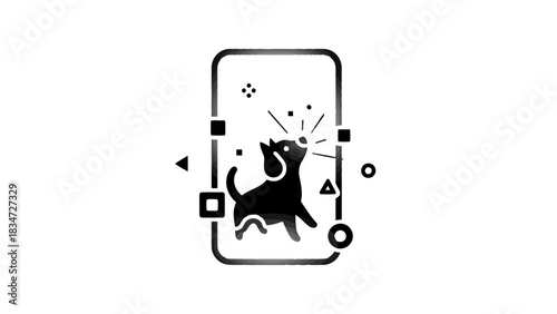Playful dog app icon with geometric shapes and sparkles
