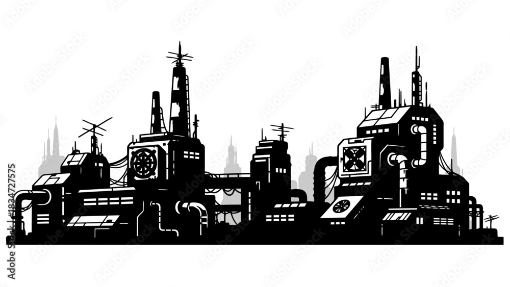 Obraz premium Futuristic industrial cityscape silhouette with complex machinery
