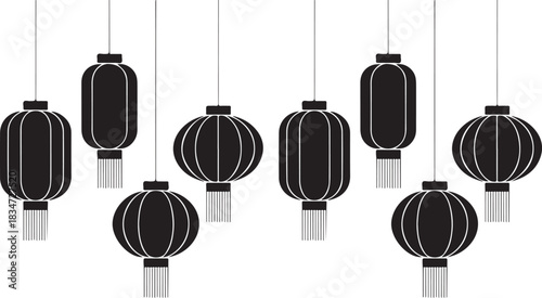 Black hanging Chinese paper lanterns create an elegant, festive display against a transparent backdrop