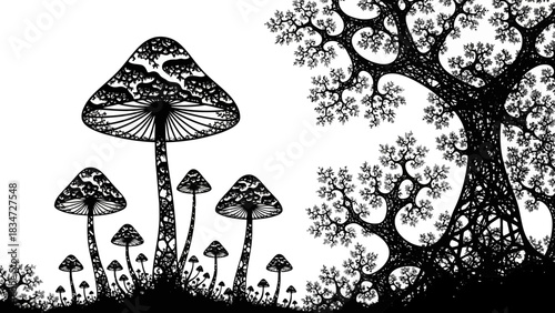 Intricate black and white fractal mushrooms and tree
