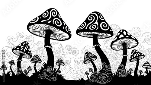 Whimsical black and white mushroom forest with swirling patterns