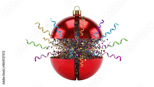 Glossy Red Christmas Ornament Exploding Revealing Colorful Confetti and Swirling Ribbons on a Transparent Background Festive Celebration Holiday Season